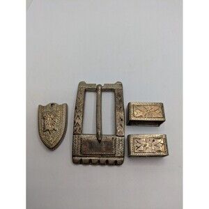 Vintage Ladies Belt Buckle Engraved Mexico Silver, Two Tone, 4 Pieces, Floral